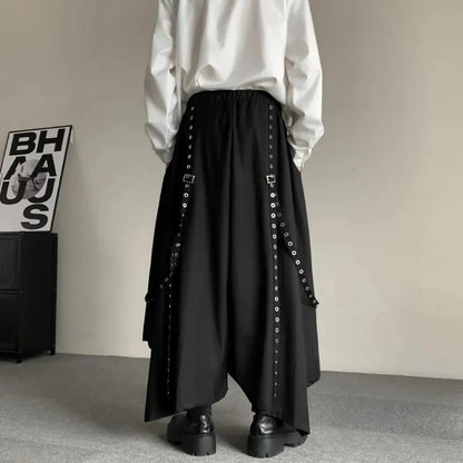 saferido Mens Gothic Rope Belt Decorated Irregular Skirt Pants Genderless Fashion Japanese Style Niche Dark Samurai Pants Hakama Unisex