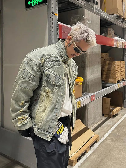 saferido New American High Street Tide Biker Denim Coat Armor Filling Men and Women with The Same Couple Models Trend Design Sense Jacket