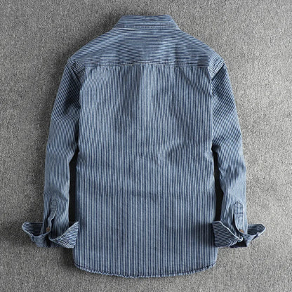 Fashion men Europe and the United States style casual shirt coat striped fabric washed to make old vintage cargo denim shirt
