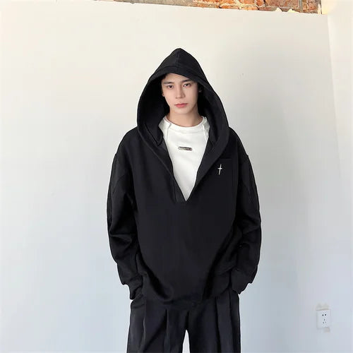 saferido Korean Spring Streetwear Collar black white Sweatshirt Men Spring Korean Loose Trendy Casual Coat Male Hoodies Sweatshirts