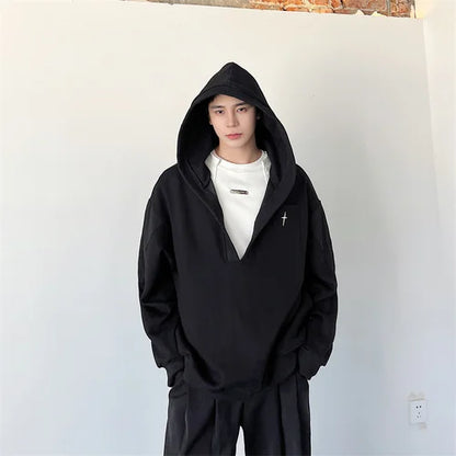 saferido Korean Spring Streetwear Collar black white Sweatshirt Men Spring Korean Loose Trendy Casual Coat Male Hoodies Sweatshirts