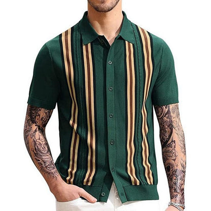Men's Knit Striped Polo Shirt Casual Luxury Clothing Streetwear Suit Collar Button Down Breathable Vintage Summer M-3XL