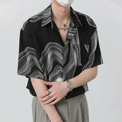 New Summer Design Irregular Silky Drape No-iron Lapel Shirt for Men Korean Fashion Texture Pattern Short Sleeve Men Shirts