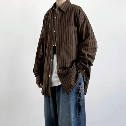 Spring Japanese Retro Brown Striped Shirts for Men and Women Loose Long-sleeved Pocket Button Lapels Casual Men Shirt Jackets