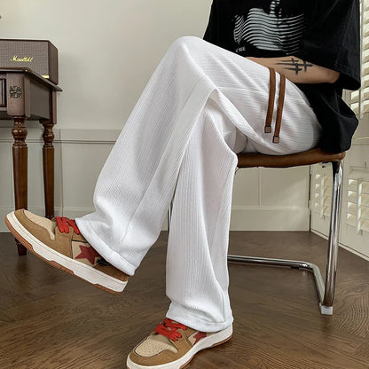 saferido Summer Pleated Pants Men Fashion Oversized Ice Silk Pants Men Streetwear Loose Straight Pants Mens Baggy Trousers M-3XL