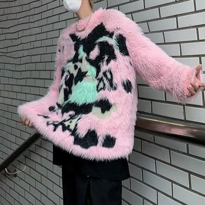 saferido Mens Y2k American Street Pink Graffiti Knitted Sweater Genderless Autumn Winter Fashion Casual Lazy Style Plush Top Unisex