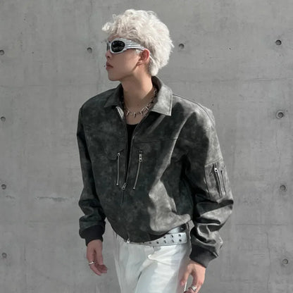 saferido Mens Cropped PU Leather Jacket Fashion Turn-down Collar Gradient Color Retro Coat Zipper Men's Motorcycle Outwear Spring Pink