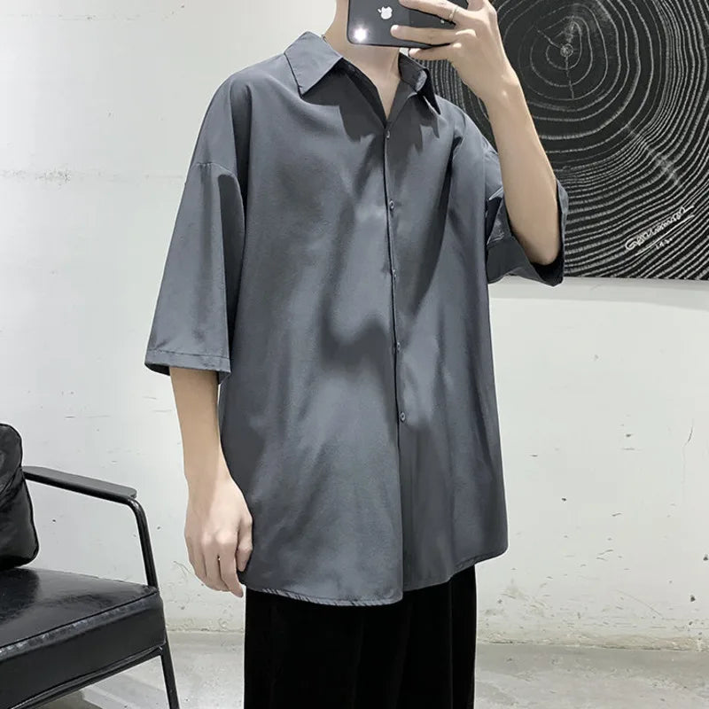 saferido Summer Short Sleeved Shirt Men Oversized Fashion Society Mens Dress Shirt Korean Loose Ice Silk Shirt Mens Office Formal Shirts
