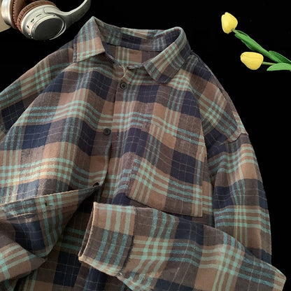 saferido Korean Street Plaid Shirt Coat Men's Long Sleeve Turn Down Collar Casual Shirts Vintage College Style Unisex Fashion Clothing