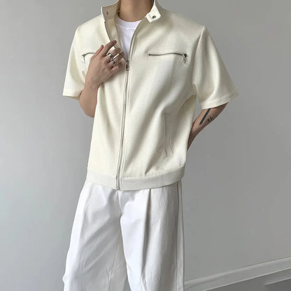 saferido Korean Fashion Male Zipper Shirts Summer Trendy Casual Short Sleeved Tops New Male Solid Cardigan Stand Collar Functional Shirt