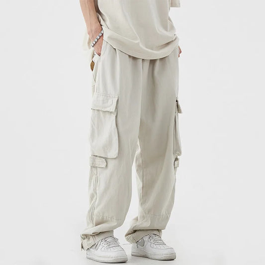 saferido Men Vintage Cargo Pants 2024 Spring Fashion Solid Pocket Simple Casual Loose High Street  High Waist Male Straight Leg Trousers