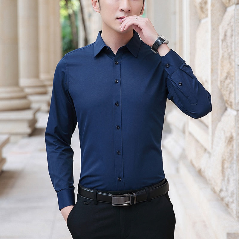 Size M-8XL Men Dress Shirts Long Sleeve Turn Down Collar Solid Color Business Work Shirt Slim Fit Anti-wrinkle Men Clothe