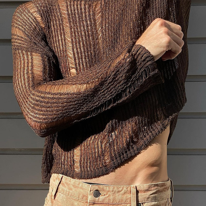 New Arrivals Autumn Sexy Hollow Mesh Knit T-shirts Men Streetwear Pullovers Solid Long Sleeve Crew Neck Tees Mens Clothing