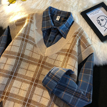 saferido Men's Knitted Sweater Vest Spring Autumn Casual Vest Korean Fashion Plaid Sleeveless Tops Knit Bottoming Shirt Male Clothes