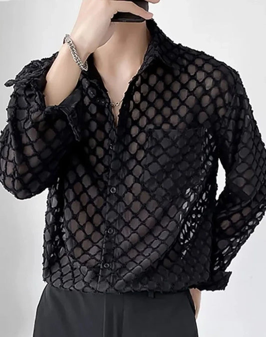 Handsome Well Fitting Men Blouse Vacation Hollow Out Stitching Male Breathable Mesh Long-sleeved Shirts S-5XL Tops