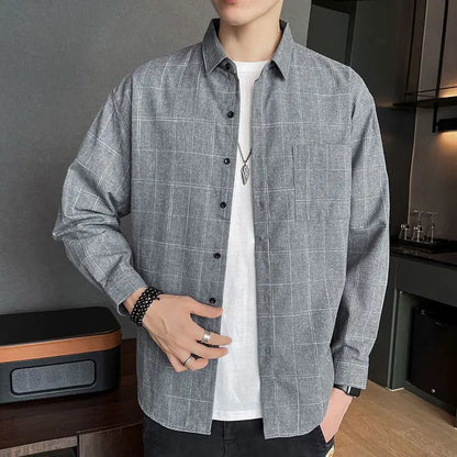 saferido Button Turn-down Collar Sven Simplicity Pockets Handsome Lattice Shirts Loose Men's Clothing Fashion Casual Spring Summer Thin