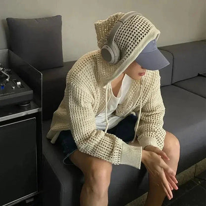 saferido Vintage Knit Mesh Coat for Men Hole Hooded Cardigan Long Sleeve Tee Male Casual Autumn Japanese Streetwear Hip Hop