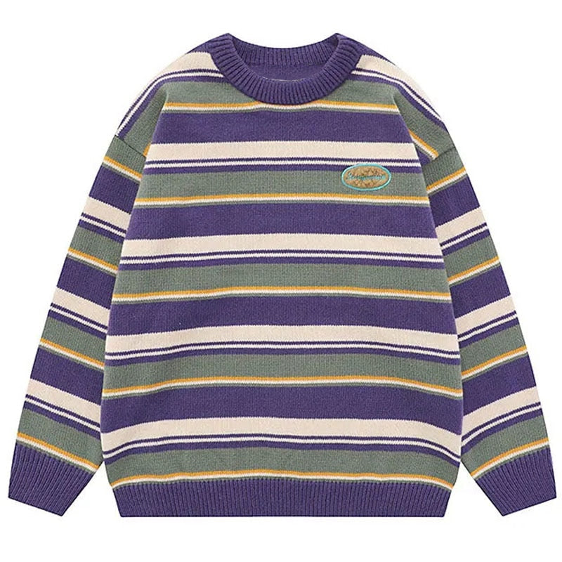 Japanese Patchwork Striped Sweater Men Knitwears New Winter Retro Vintage Harajuku Pullover Knit Embroidery Knitted Sweater