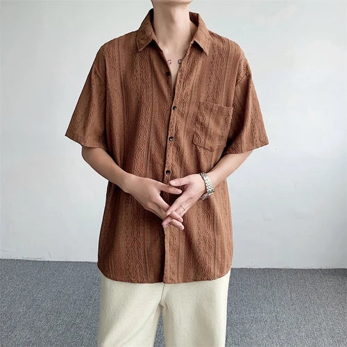 Korean Fashion Hollow Shirt for Men Summer Short Sleeve Button Trend Loose Niche Design Handsome Cotton Casual Shirts Men