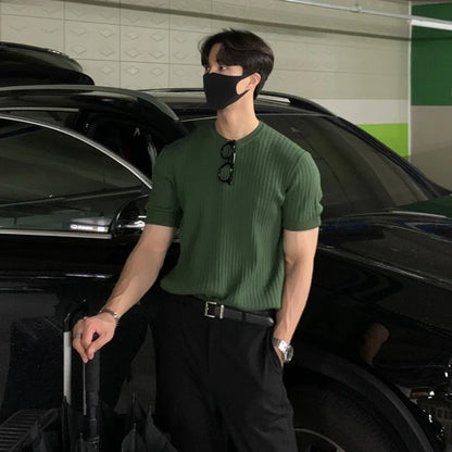 Men's Clothing Luxury Knitted T Shirt Casual Korean O Neck Solid Color Short Sleeve Tees for Men Breathable Summer Knitwear