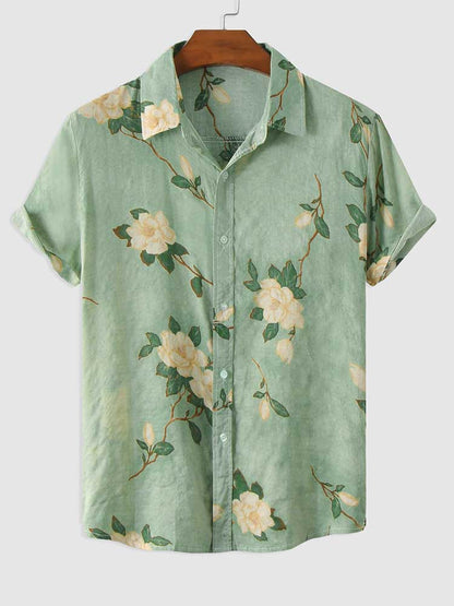 Shirts for Men Flowers Pattern Short Sleeves Blouses Summer Streetwear Shirt Casual Button Loose Tops Hawaiian Style