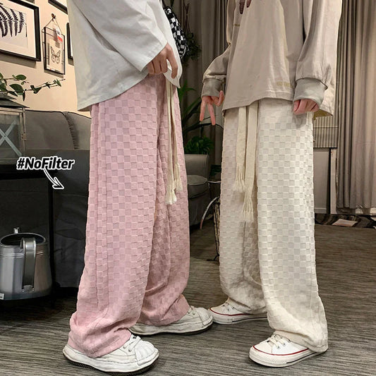 saferido Straight Wide Leg Knitted Sweatpants Men's Spring Autumn Solid Color Plaid Casual Pants Sports Trend Classic All-match Trousers
