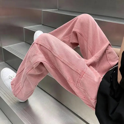 saferido Street Vibe Style Jeans Men's Loose Straight Pants Trendy Brand American Baggy Wide-leg Pants Pink Jeans Spring and Autumn