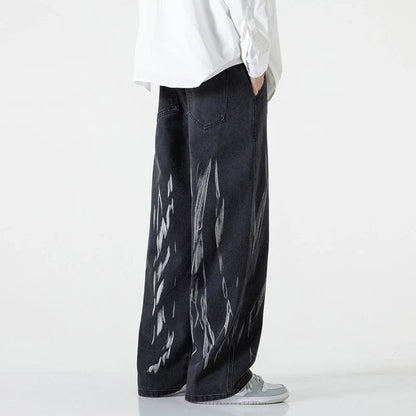 saferido American tie dye washed denim jeans men's spring and autumn new style loose straight tube versatile wide leg