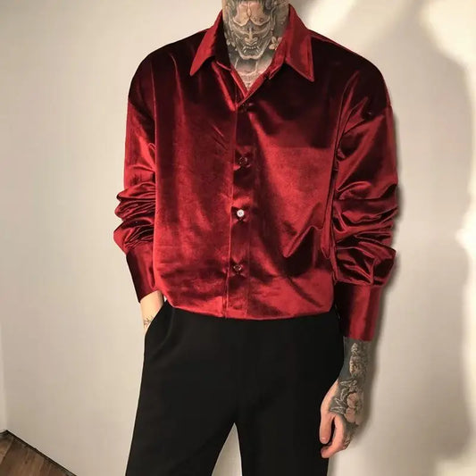 saferido Streetwear Fashion Men Satin Wine Red Shirt Spring Summer Lapel Long Sleeve Clothing Vintage Casual Loose Chic Versatile Tops
