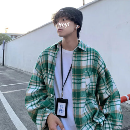 saferido Autumn Thick Woolen Shirt Men Fashion Retro Casual Oversized Plaid Shirts Mens Korean Blue/Green Loose Long-sleeved Shirt Men