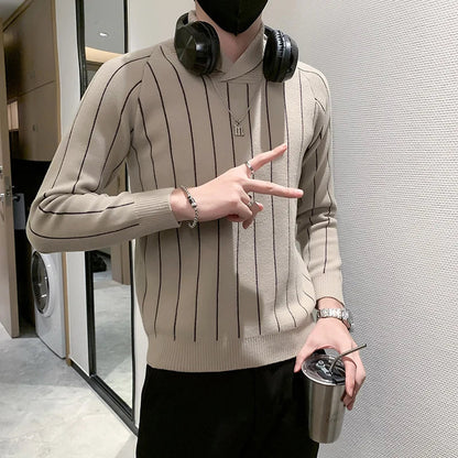 saferido Korean Style Men Winter High Quality Knitted Sweaters/Male Slim Fit Fashion Striped Casual Knit Sweater Men V-neck Pullover 3XL