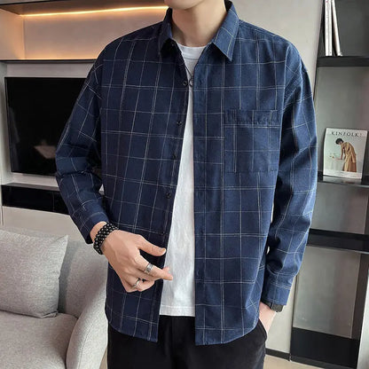 saferido Button Turn-down Collar Sven Simplicity Pockets Handsome Lattice Shirts Loose Men's Clothing Fashion Casual Spring Summer Thin