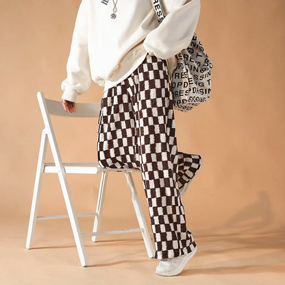 saferido Casual Straight Wide Leg Pants Men High Street Trend Mopping Pants Loose Overalls Contrast Color Plaid Printed Trousers Spring