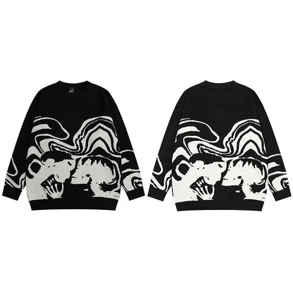 Men Streetwear Sweater Retro Painting Skull Graphic Hip Hop Knitted Sweater Vintage Pullover Casual Wool Sweater Hipster