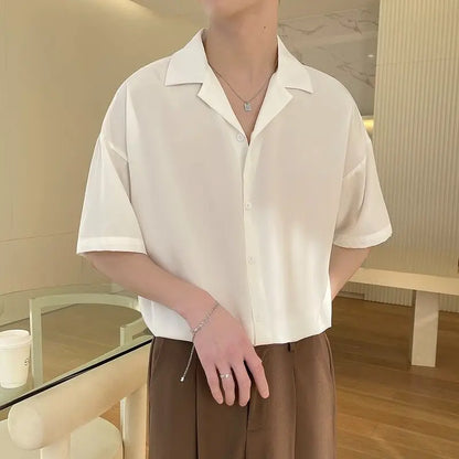 Korean Fashion Men Cuban Collar Short Sleeve Shirt Men Summer Solid Color Business Casual Loose Drape White Dress Shirt