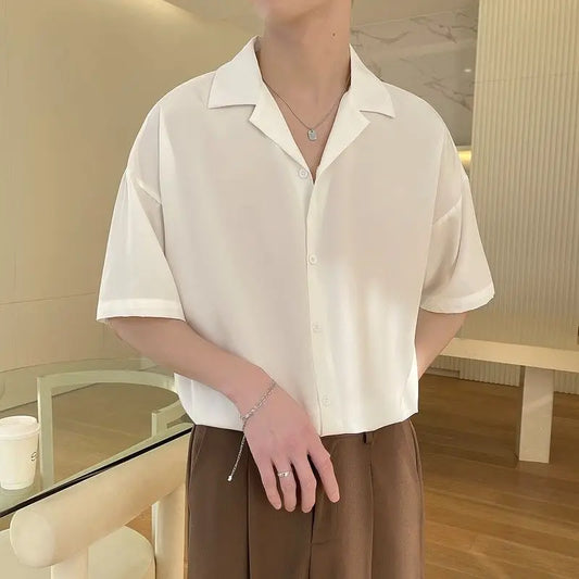 Korean Fashion Men Cuban Collar Short Sleeve Shirt Men Summer Solid Color Business Casual Loose Drape White Dress Shirt