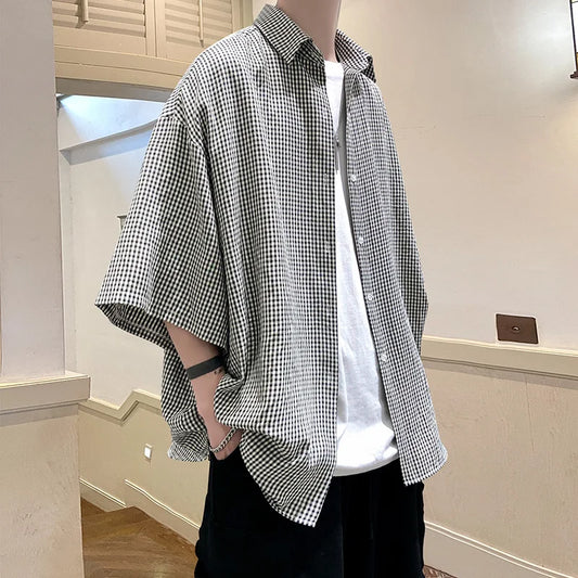 saferido HIP HOP Streetwear Casual Plaid Shirt Men'S Half Sleeve High Quality Loose Spring Summer Fashion Chemise Homme