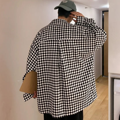 saferido High street ins checkerboard long sleeved shirt men's spring clothes plus fat plus size trendy fat people loose casual coat