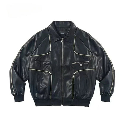 saferido American Vintage Up Leather Jacket  Autumn New Street Trend Lapel Coat Men Hip Hop Harajuku Punk Casual Loose Motorcycle Jacket