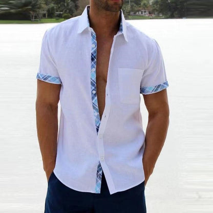 Vintage Plaid Print Mens Patchwork Shirts Fashion Loose Short Sleeve Button Cardigan Tops Men Clothes Spring Summer Casual Shirt