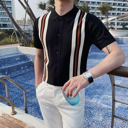 Korean style Men's Summer Leisure Ice Silk Knitting Polo Shirts/Male Slim Fit High Quality Casual Stripe Polo Shirt