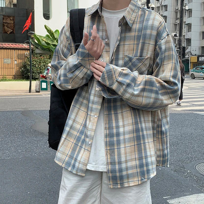 New Vintage Plaid Shirt Men Clothing Japanese Korean Fashion Designer Loose Long Sleeve Casual Oversized Shirts for Men