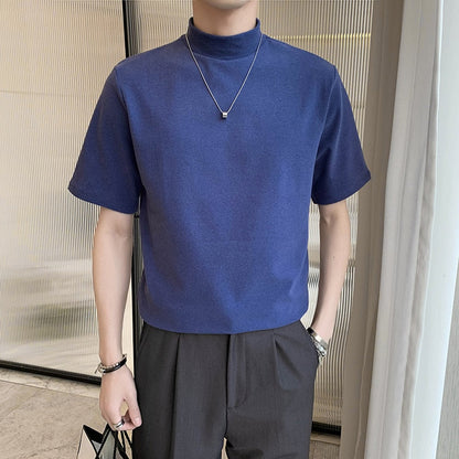 7Colors Solid Turtleneck Short Sleeve T-Shirts For Men Clothing Simple All Match Comfortable Casual Tee Shirt Homme Sale