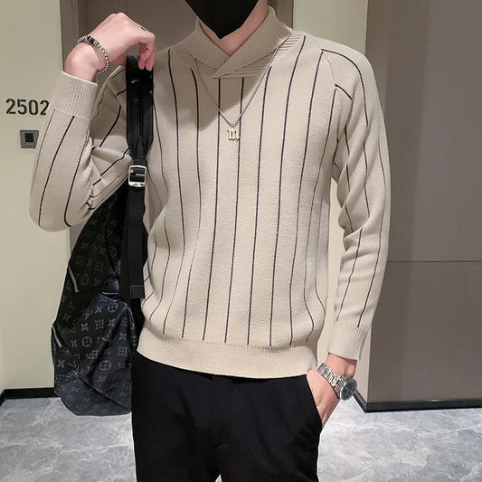 saferido Korean Style Men Winter High Quality Knitted Sweaters/Male Slim Fit Fashion Striped Casual Knit Sweater Men V-neck Pullover 3XL