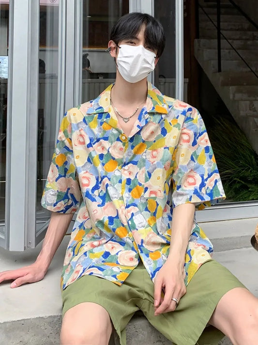 saferido Summer Shirts Men Painting Ins Chic Advanced Breathable Casual Short Sleeve High Street Korean Beach Style Loose Cozy Vocation