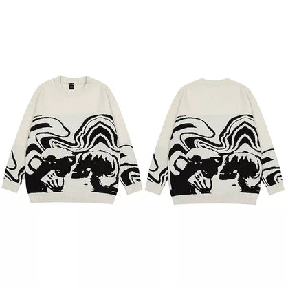 Men Streetwear Sweater Retro Painting Skull Graphic Hip Hop Knitted Sweater Vintage Pullover Casual Wool Sweater Hipster