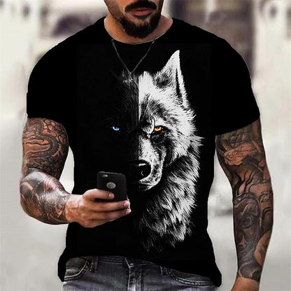 Lion Fighting Animal Beast Fierce Lion Wolf 3D T Shirt New Summer Men's Oversized Short Sleeve Black and White Design Polyester