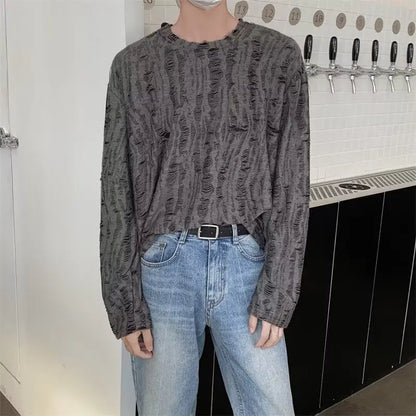 Korean INS Niche Design Men Clothing Round Neck Hole T-shirt Men and Women Long Sleeve Retro Loose Casual Drape Mens T Shirts