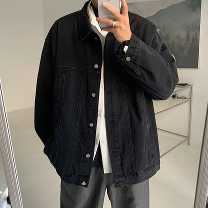 New Jacket Men's Spring and Autumn Denim Coat Korean Version On Clothes Young Student Lapel Fashion Casual Loose Tide Men