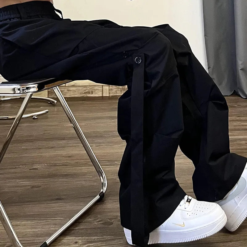 High Street Pleated Overalls Men's Pants Fashion Loose Straight Button Casual Male Trousers Solid Color Darkwear
